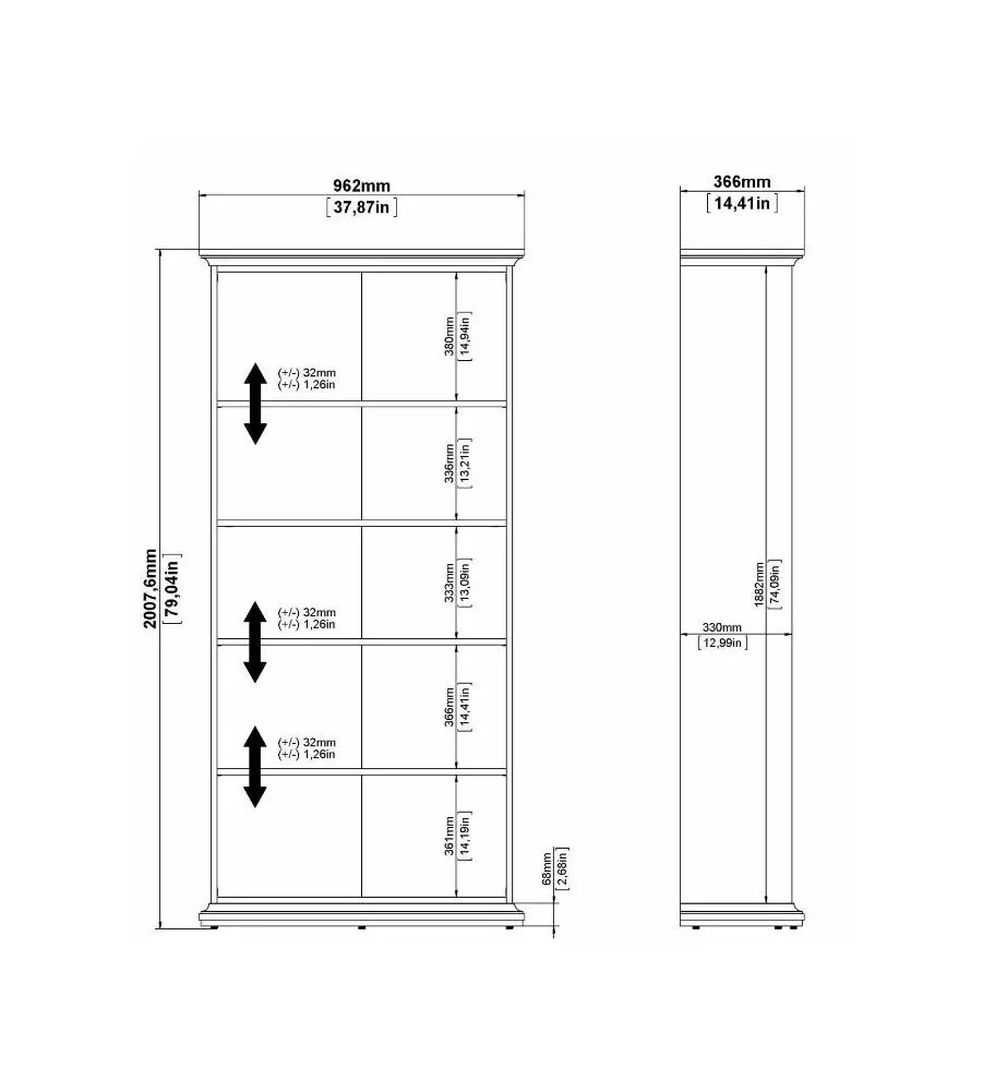 Libreria 'paris' bianca con 4 ripiani, 96x36x200 cm